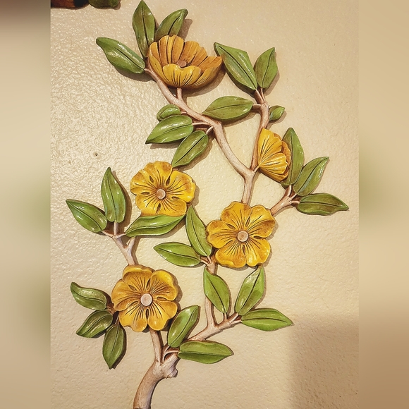 2 Large Vintage dart Syroco yellow and green cherry blossom wall décor - Picture 8 of 8